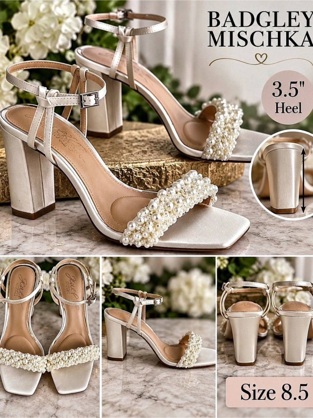 Badgley Mischka Pearl Embellished Heels White US 8.5